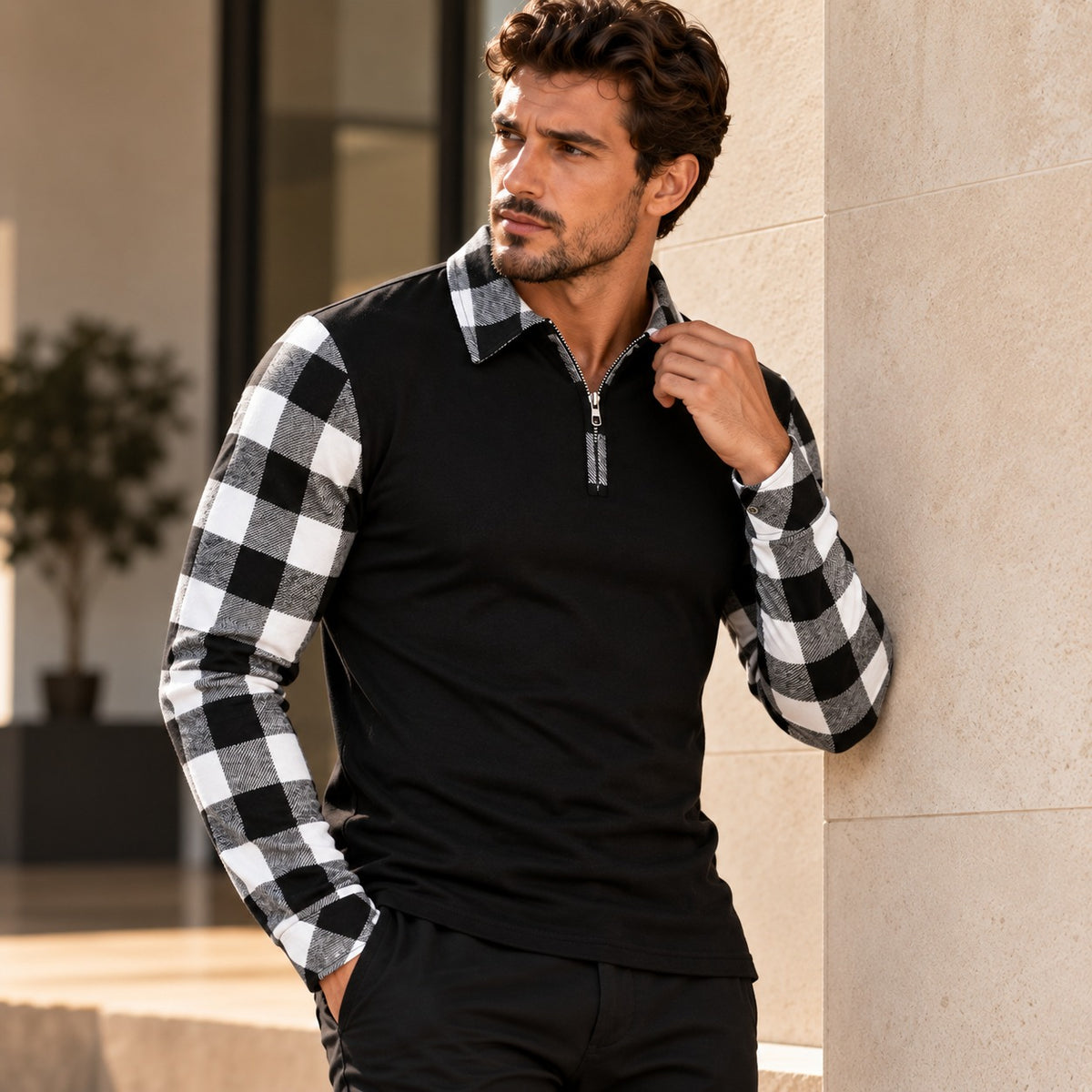 Camisa Polo Lennon™ com Manga Longa e Detalhes Xadrez Contrastantes