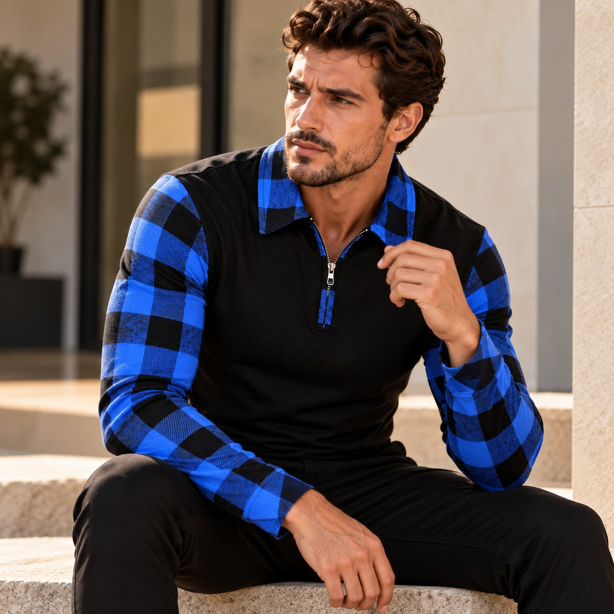 Camisa Polo Lennon™ com Manga Longa e Detalhes Xadrez Contrastantes