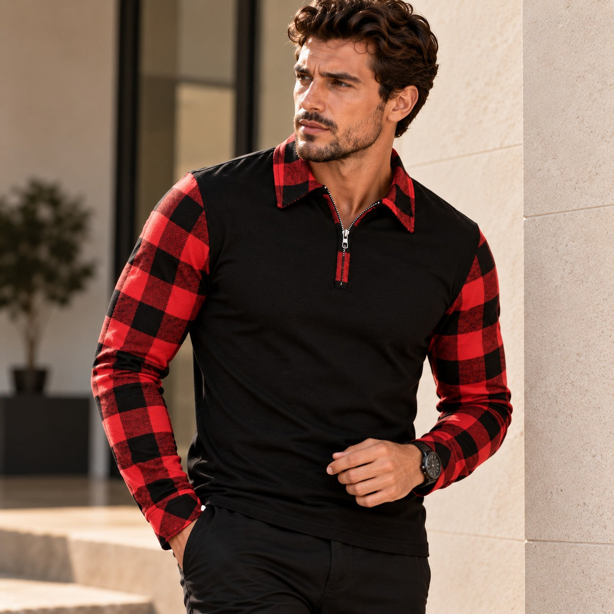 Camisa Polo Lennon™ com Manga Longa e Detalhes Xadrez Contrastantes