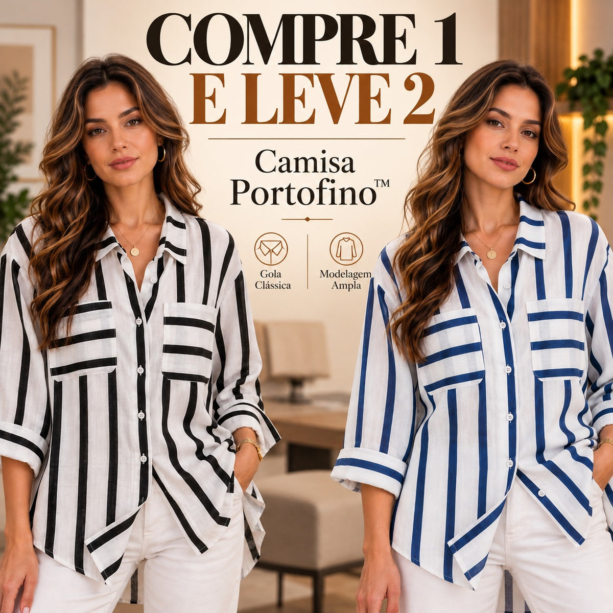 [COMPRE 1 E LEVE 2] Camisa Portofino™ com Listras Contrastantes, Bolsos Frontais e Modelagem Ampla