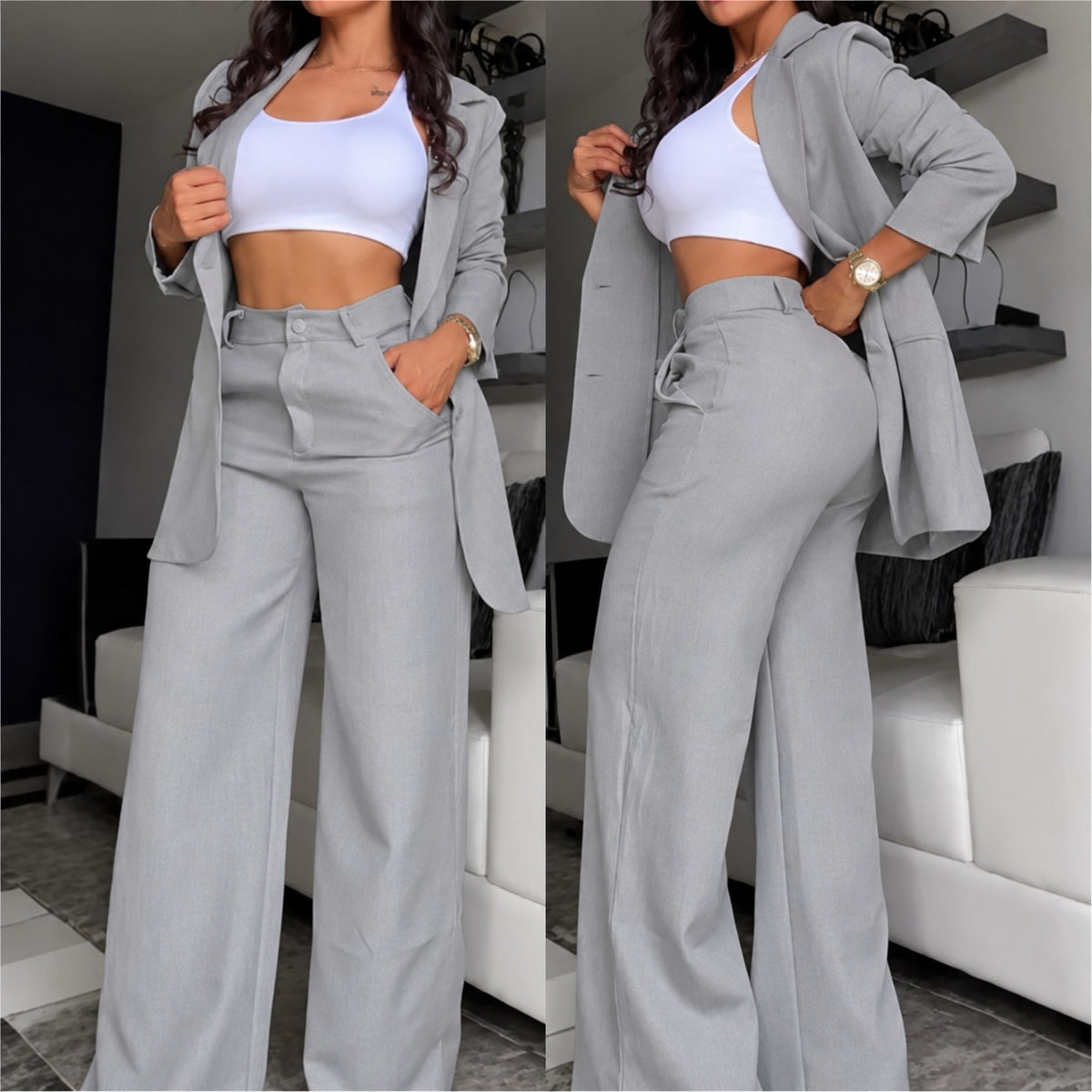 Conjunto Marcella™ com Blazer de Alfaiataria, Calça Pantalona e Cintura Alta