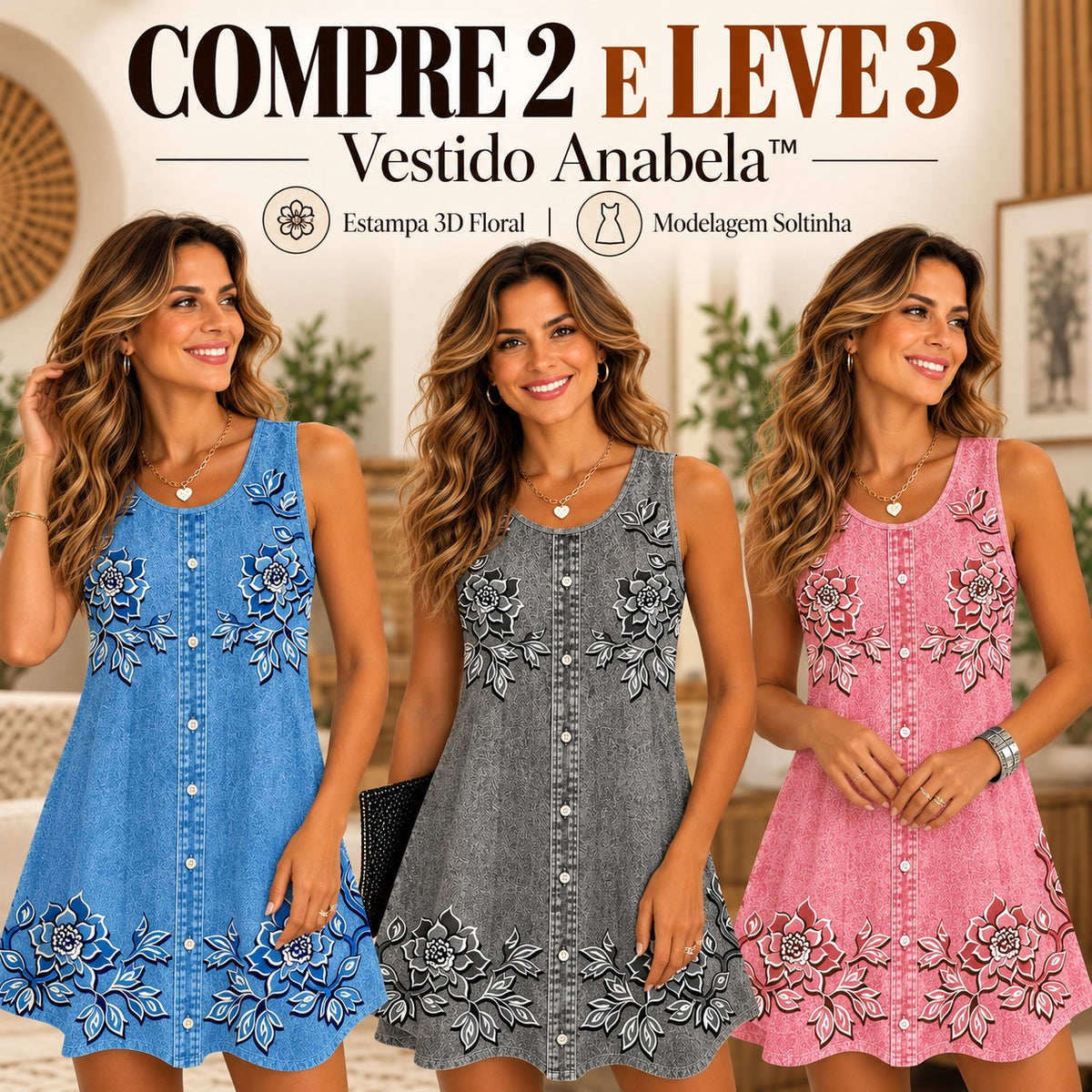 [COMPRE 2 E LEVE 3] Vestido Anabela™ com Estampa 3D Floral e Efeito Jeans