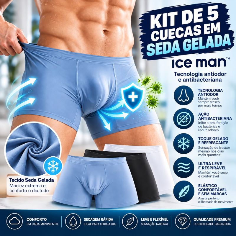 Kit com 5 Cuecas Boxers Antiodor e Antibacterianas Ice Man™ em Seda Gelo
