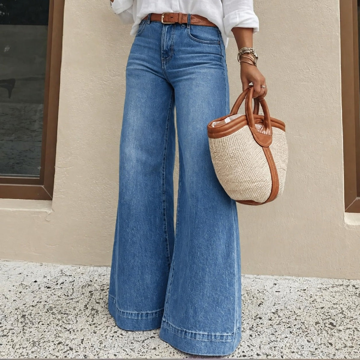 Calça Jeans Ravella™ com Cintura Alta, Modelagem Pantalona e Lavagem Vintage