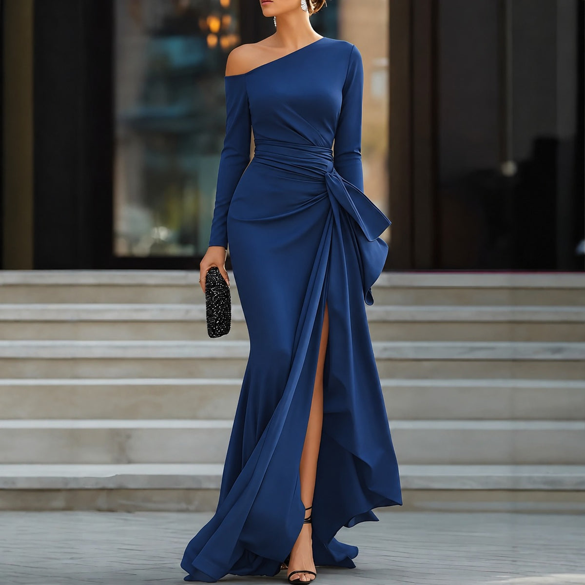 Vestido Vivienne™ com Decote Assimétrico, Drapeado na Cintura e Fenda Frontal / Uma Silhueta Marcante Para Momentos Inesquecíveis