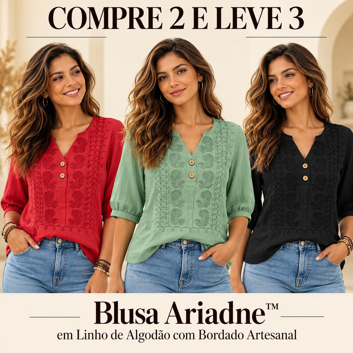 [COMPRE 2 E LEVE 3] Blusa Ariadne™ em Linho de Algodão com Bordado Artesanal