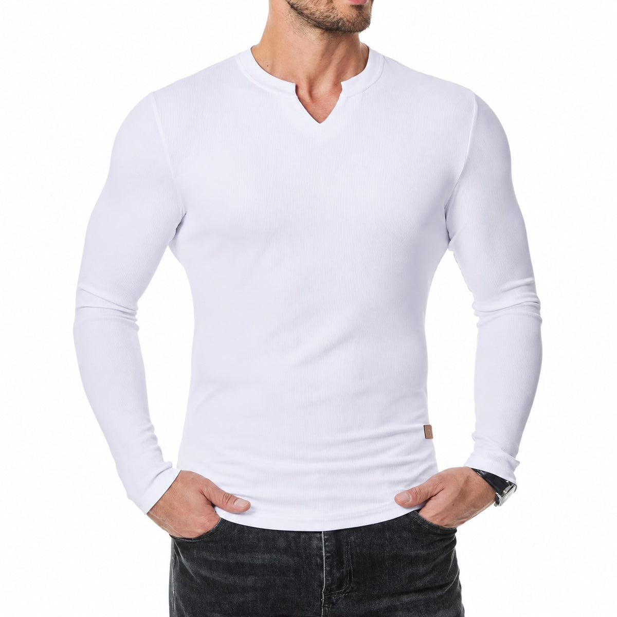 Camiseta Valério™ com Textura Canelada, Gola em V e Mangas Longas
