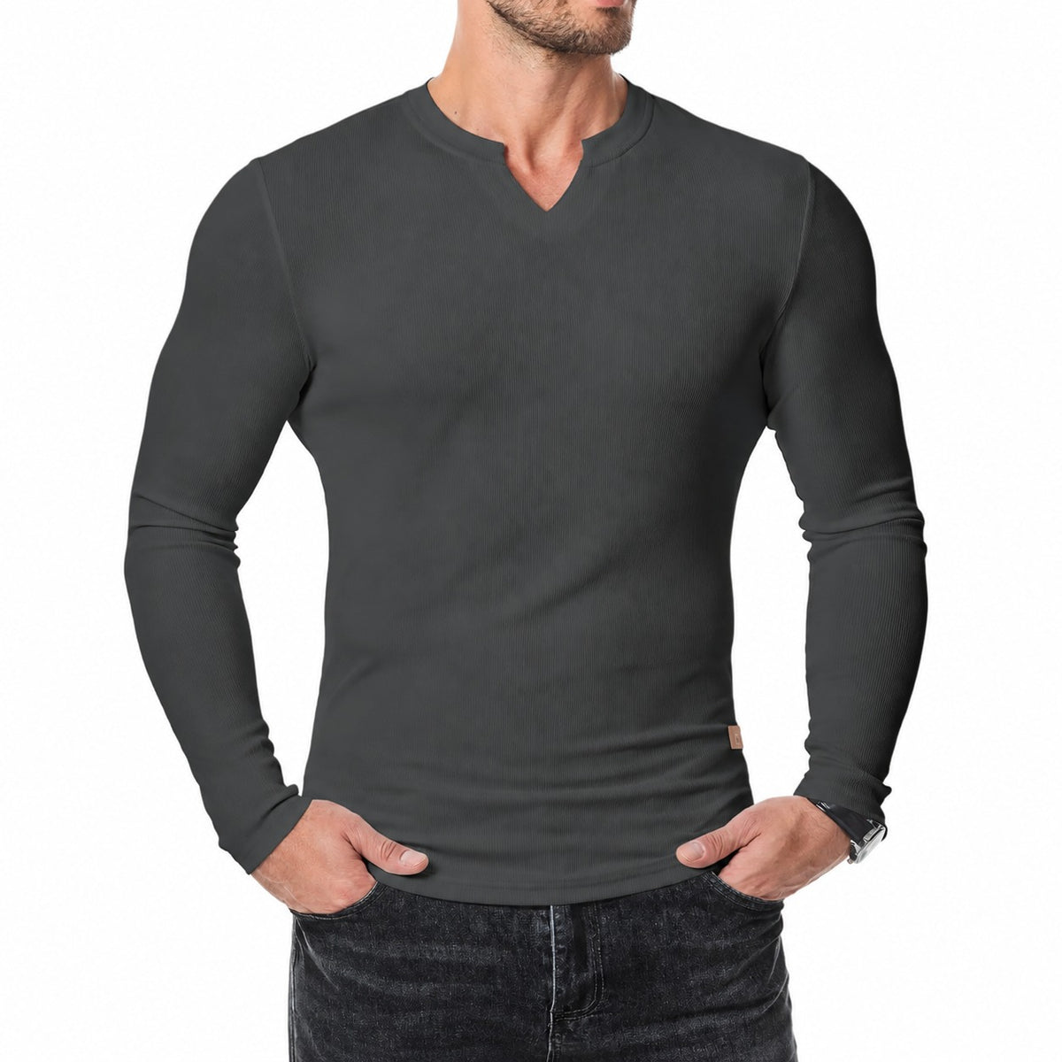 Camiseta Valério™ com Textura Canelada, Gola em V e Mangas Longas