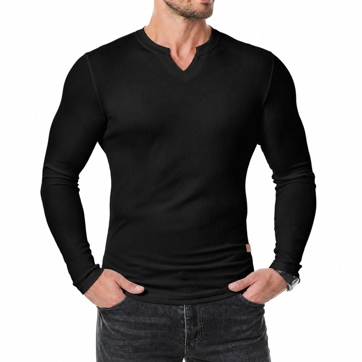 Camiseta Valério™ com Textura Canelada, Gola em V e Mangas Longas