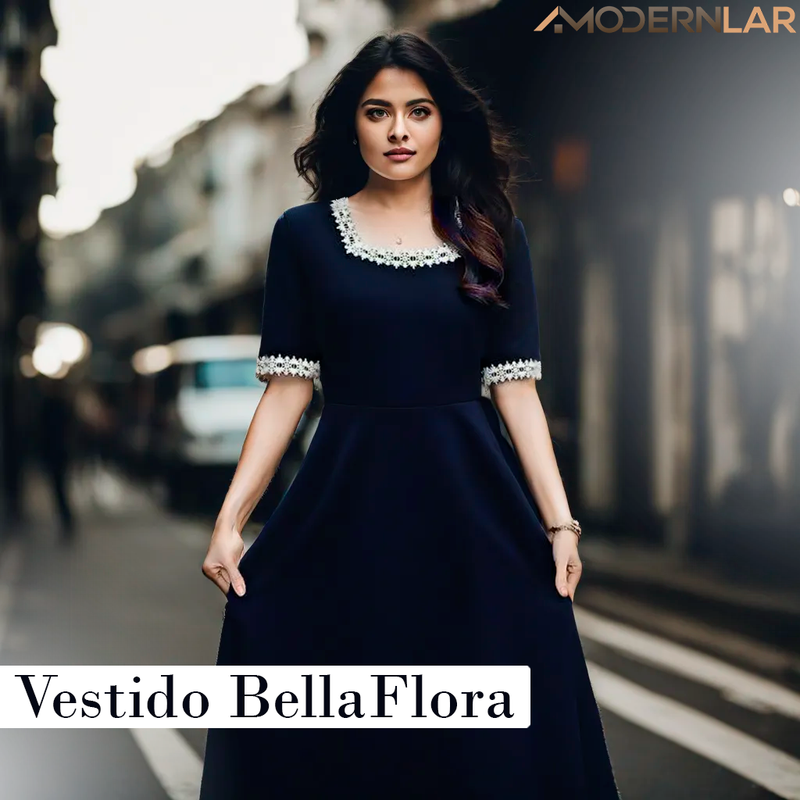 Vestido BellaFlora™  com Detalhes em Renda nas Mangas e Gola / Uma peça-chave para um visual deslumbrante.