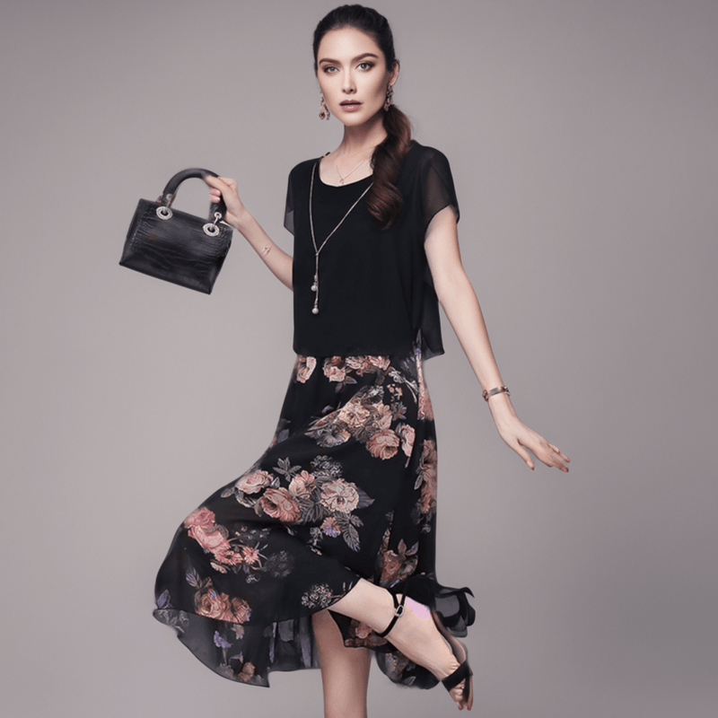 Vestido Flor de Pérola Design 2 em 1 em Chiffon Leve e Soltinho / A Combinação Perfeita Entre uma Blusinha e Saia Floral! - ModernLar