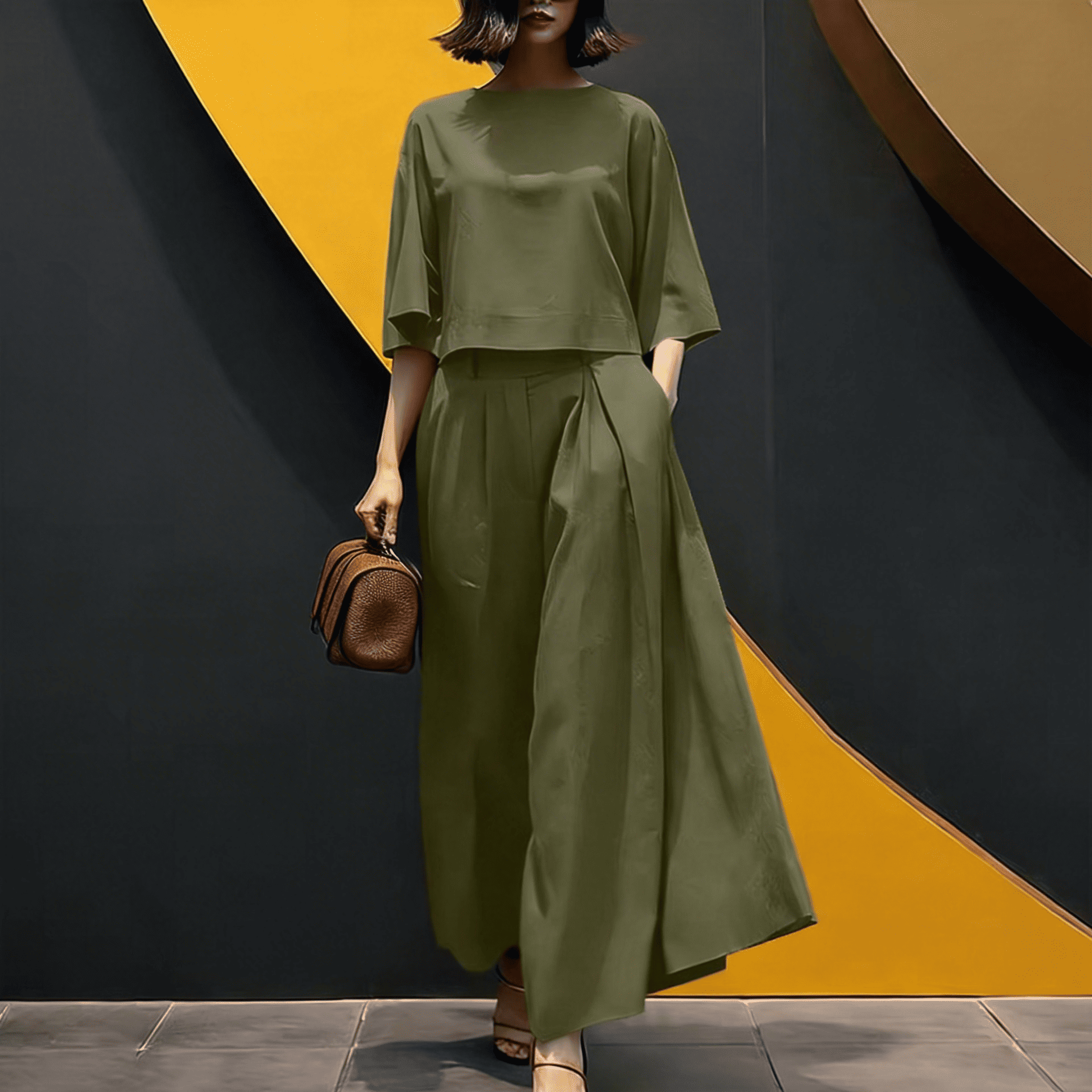 Conjunto Sofia™ em Popelina com Manga Kimono e Calça Saia de Cintura Alta