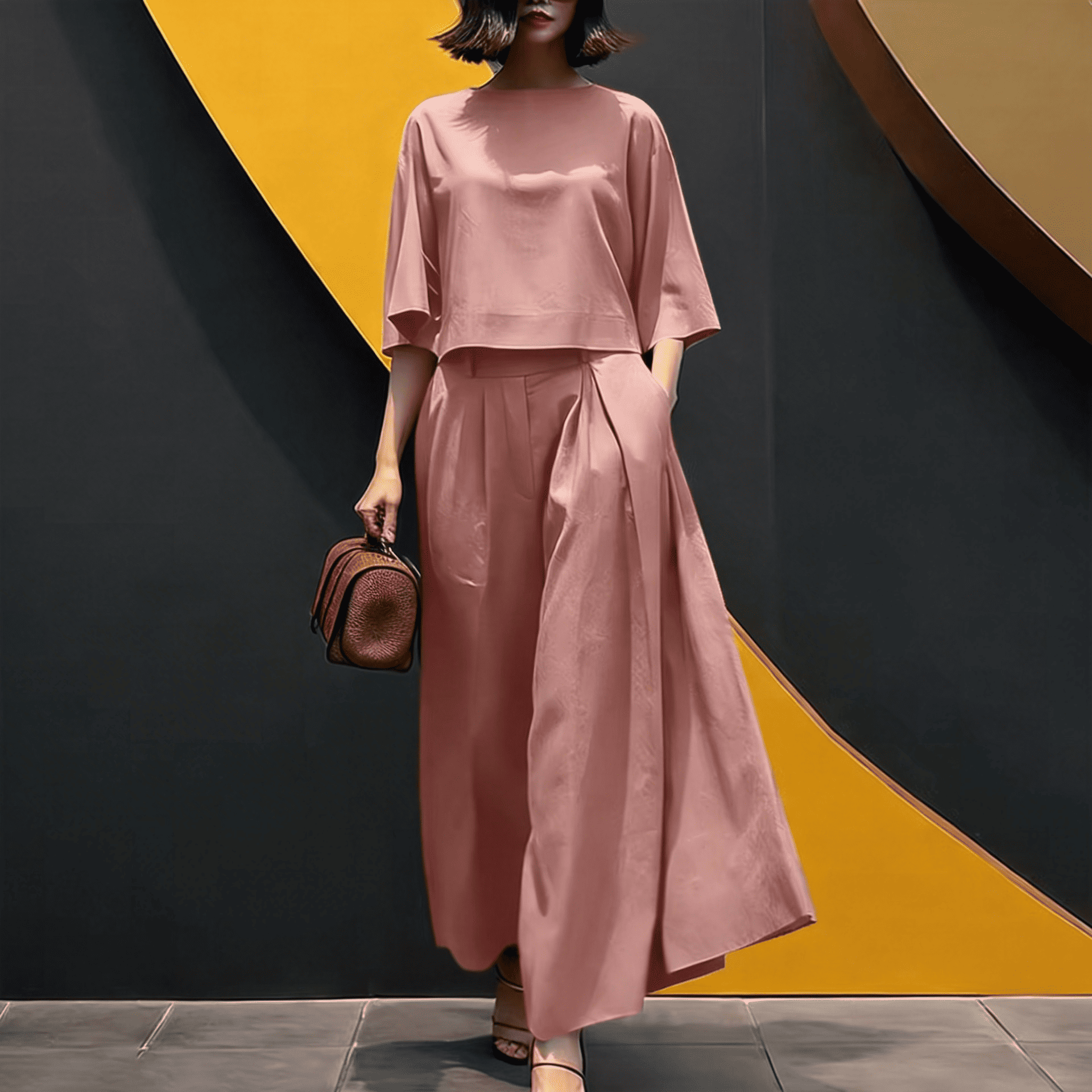 Conjunto Sofia™ em Popelina com Manga Kimono e Calça Saia de Cintura Alta