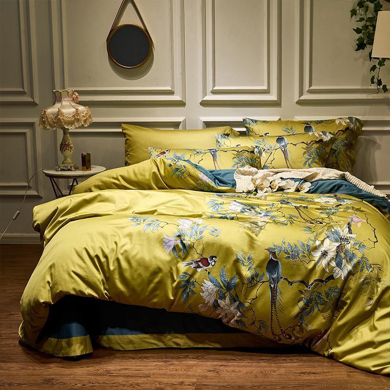 Conjunto de Roupas de Cama Pássaros Japoneses em Algodão Egípcio 600 Fios - 4 Peças - ModernLar